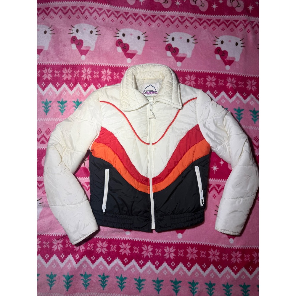 Vintage Snuggler Kids Puffer Ski Jacket Colorblock White Red Orange Black Large